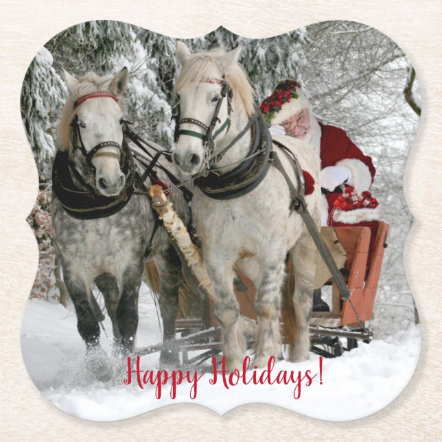 Santa Claus Carriage Christmas Holiday Paper Coaster (Front)