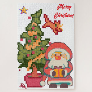 Santa Claus, cat stealing star, Pixel Art Jigsaw Puzzle