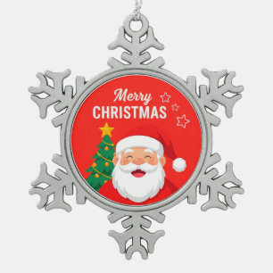 Santa Claus Cheerful Greeting Snowflake Pewter Christmas Ornament
