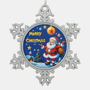 Santa Claus Cheerful Greeting Snowflake Pewter Christmas Ornament