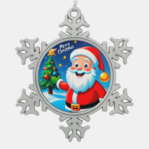 Santa Claus Cheerful Greeting Snowflake Pewter Christmas Ornament