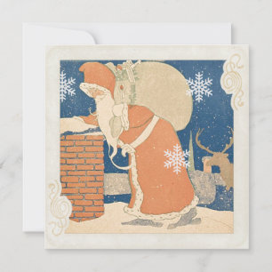 Santa Claus Chimney Vintage Christmas Holiday Card