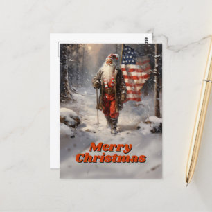 Santa Claus Christmas American Flag Postcard