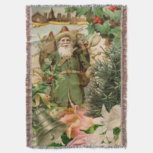 Santa Claus Christmas Antique Beautiful Art Throw Blanket (Front Vertical)