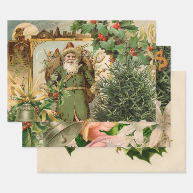 Santa Claus Christmas Antique Beautiful Art Wrapping Paper Sheet (Set)