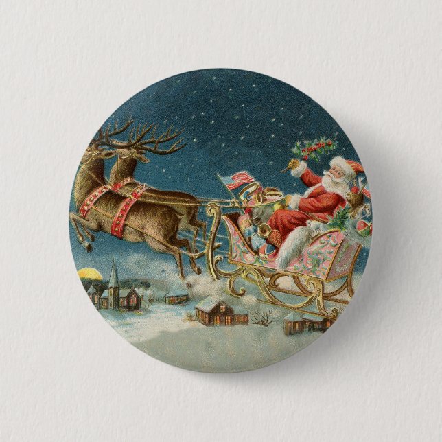 Santa Claus Christmas Antique Sleigh Reindeer 2 Inch Round Button (Front)