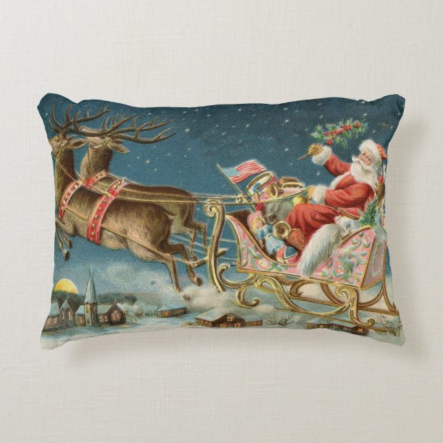 Santa Claus Christmas Antique Sleigh Reindeer Accent Pillow (Front)
