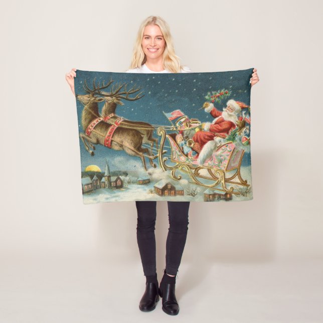 Santa Claus Christmas Antique Sleigh Reindeer Fleece Blanket (In Situ)