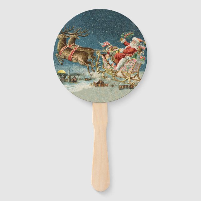 Santa Claus Christmas Antique Sleigh Reindeer Hand Fan (Front)