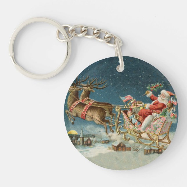 Santa Claus Christmas Antique Sleigh Reindeer Keychain (Front)