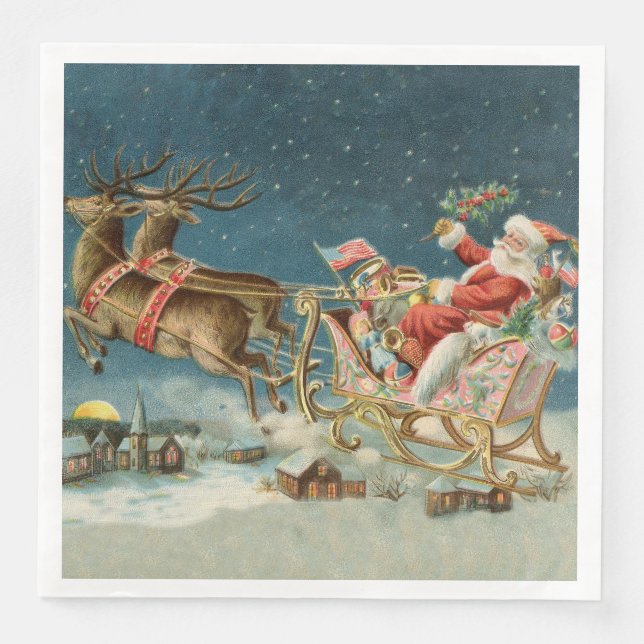 Santa Claus Christmas Antique Sleigh Reindeer Napkin (Front)
