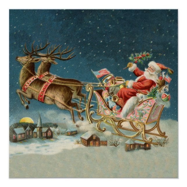 Santa Claus Christmas Antique Sleigh Reindeer Poster (Front)