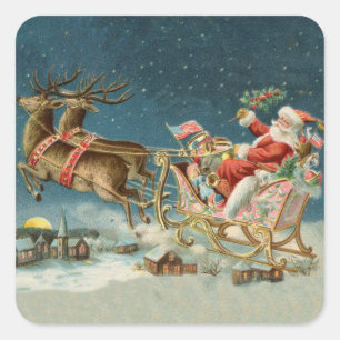 Santa Claus Christmas Antique Sleigh Reindeer Square Sticker