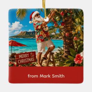 Santa Claus Christmas at the beach  Ceramic Ornament