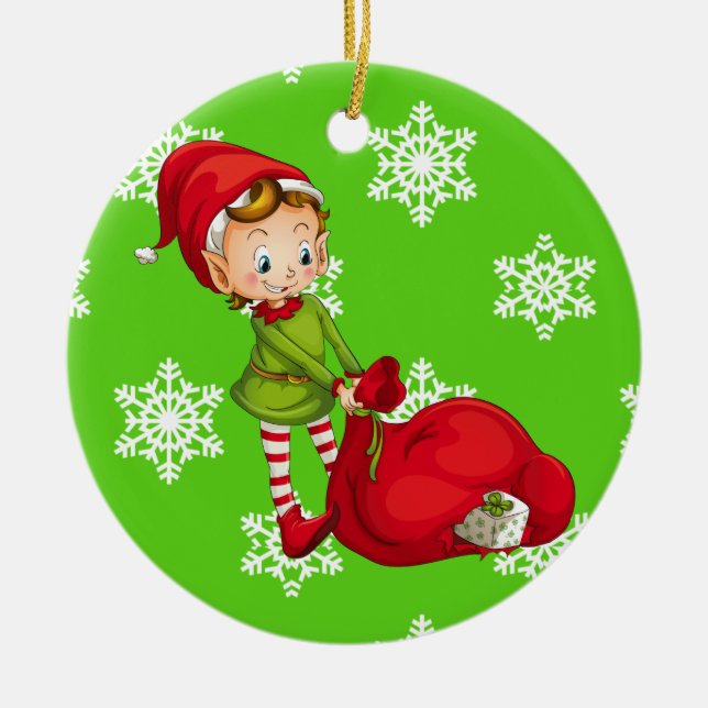 Santa Claus Christmas Elf Ceramic Ornament (Front)