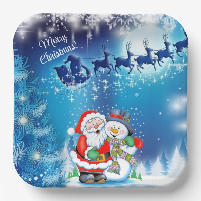 Santa Claus Christmas Eve Reindeer Snowman Paper P Paper Plate (Front)