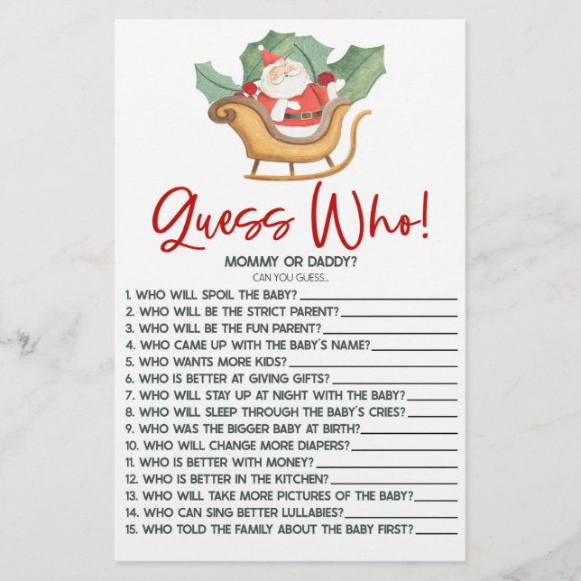 Santa Claus Christmas Guess Who! Baby Shower Game Stationery (Front)