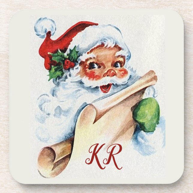 Santa Claus Christmas Holiday List Monogrammed Coaster (Front)