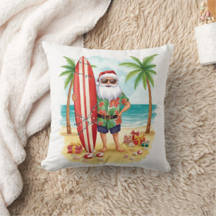 Santa Claus Christmas in July at the beach surfer Throw Pillow