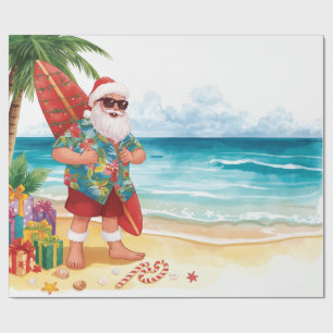 Santa Claus Christmas in July at the beach surfer Wrapping Paper