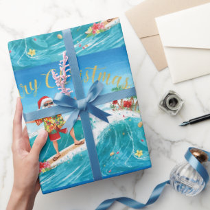 Santa Claus Christmas in July at the beach surfer Wrapping Paper