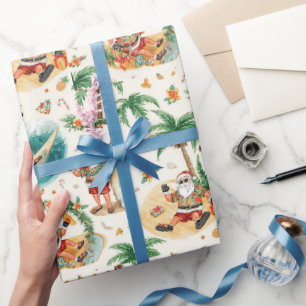 Santa Claus Christmas in July at the beach surfer Wrapping Paper