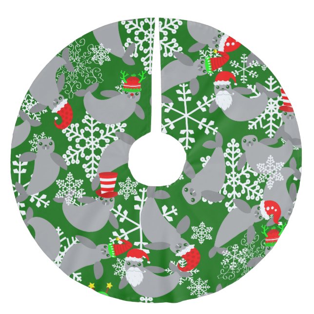 santa claus christmas manatee green brushed polyester tree skirt (Front)