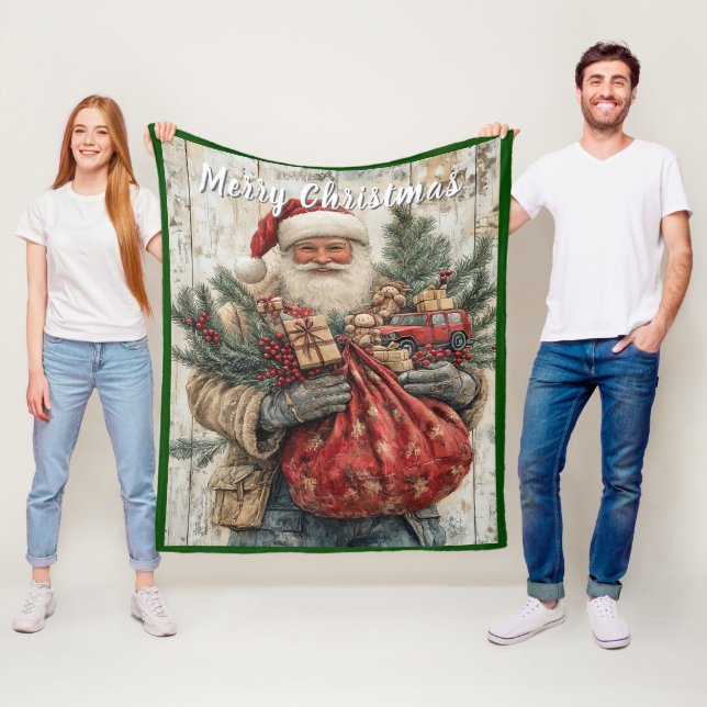 Santa Claus Christmas Presents Red Sack Pine Branc Fleece Blanket (In Situ)