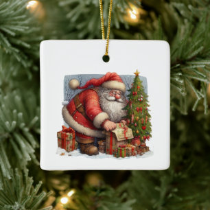 Santa Claus, Christmas Tree and Gifts Customized Ceramic Ornament