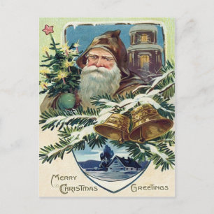 Santa Claus Christmas Tree Bell Star Holiday Postcard