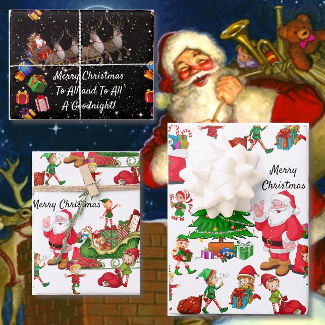 Santa Claus Christmas Tree Elves Reindeer Gifts Wrapping Paper Sheet (Creator Uploaded)