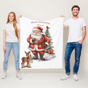 Santa Claus Christmas Tree red Cardinal Fawn Fleece Blanket
