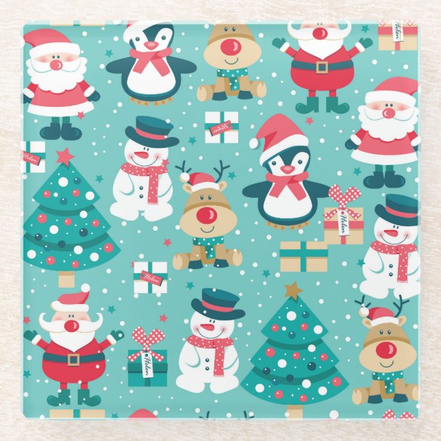 Santa Claus Christmas Vintage Pattern Glass Coaster (Front)