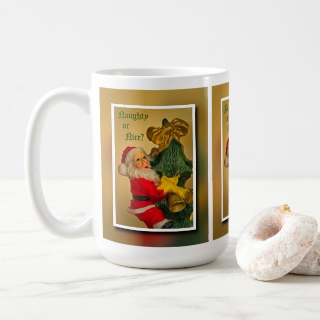 Santa Claus Climbing the Christmas Tree - Funny Coffee Mug (With Donut)