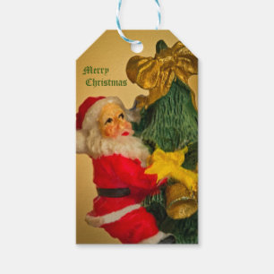Santa Claus Climbing the Christmas Tree - Vintage Gift Tags