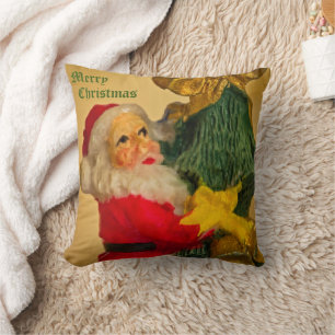 Santa Claus Climbing the Christmas Tree - Vintage Throw Pillow