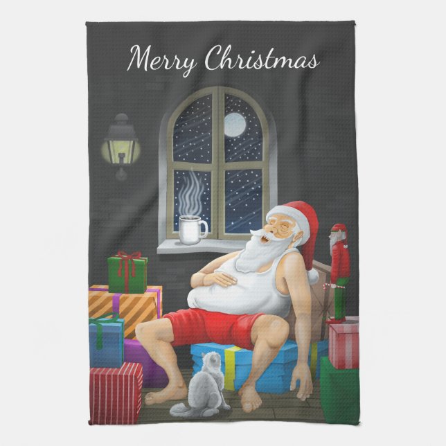 Santa Claus Coffee Time Kitchen Towel (Vertical)