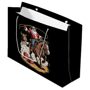 Santa Claus Cowboy Vintage Christmas Horse Cow  Large Gift Bag