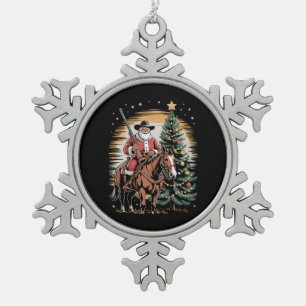 Santa Claus Cowboy Vintage Christmas Tree Western Snowflake Pewter Christmas Ornament