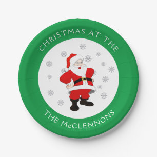 Santa Claus Custom Text Green Border Paper Plate