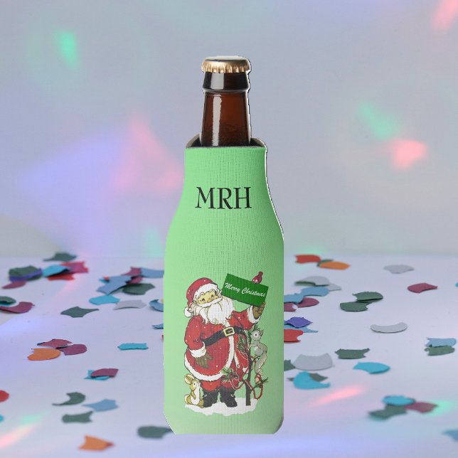 Santa Claus Cute Animals Merry Christmas Bottle Cooler (Santa Claus with cute forest animals decorated tree on Merry Christmas green drink bottle cooler.)