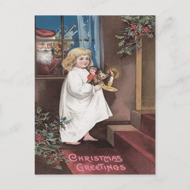 Santa Claus Cute Little Girl Toys Holly Holiday Postcard (Front)