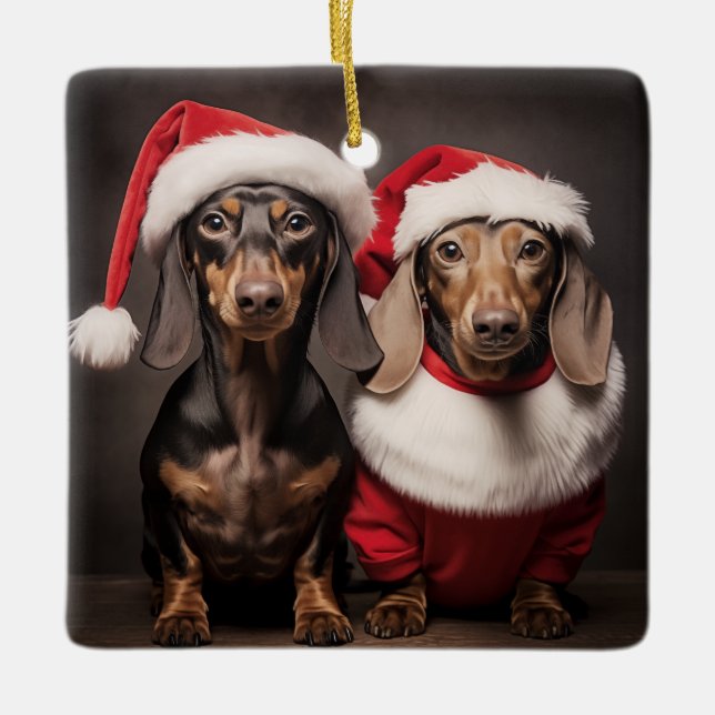 Santa Claus Dachshund Twins Ceramic Ornament (Front)