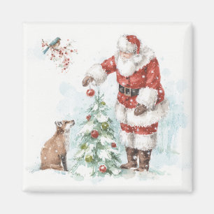 Santa Claus Decorating a Tree with His Woodland Fr Magnet