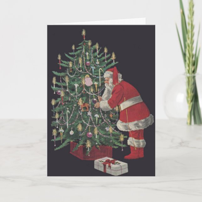 Santa Claus Decorating Tree Retro Christmas Card (Front)