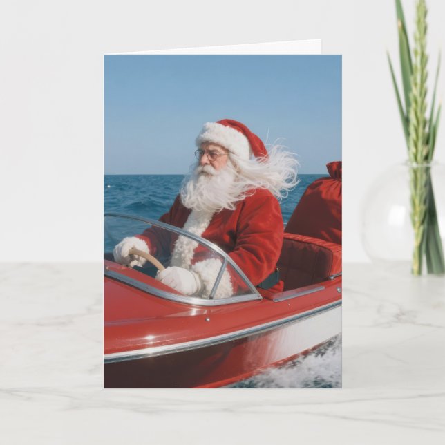 Santa Claus Delivering Gifts By Speedboat Card (Front)