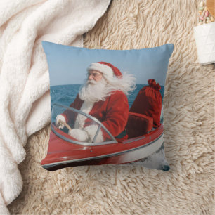 Santa Claus Delivering Gifts By Speedboat Throw Pillow