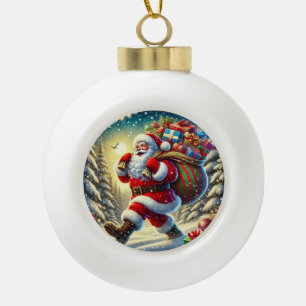 Santa Claus Delivering Gifts in a Snowy Christmas  Ceramic Ball Christmas Ornament