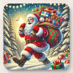 Santa Claus Delivering Gifts in a Snowy Christmas  Coaster