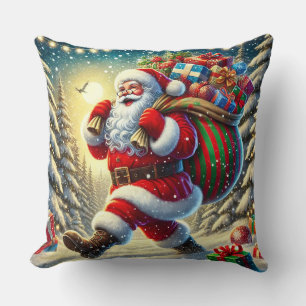 Santa Claus Delivering Gifts in a Snowy Christmas Throw Pillow